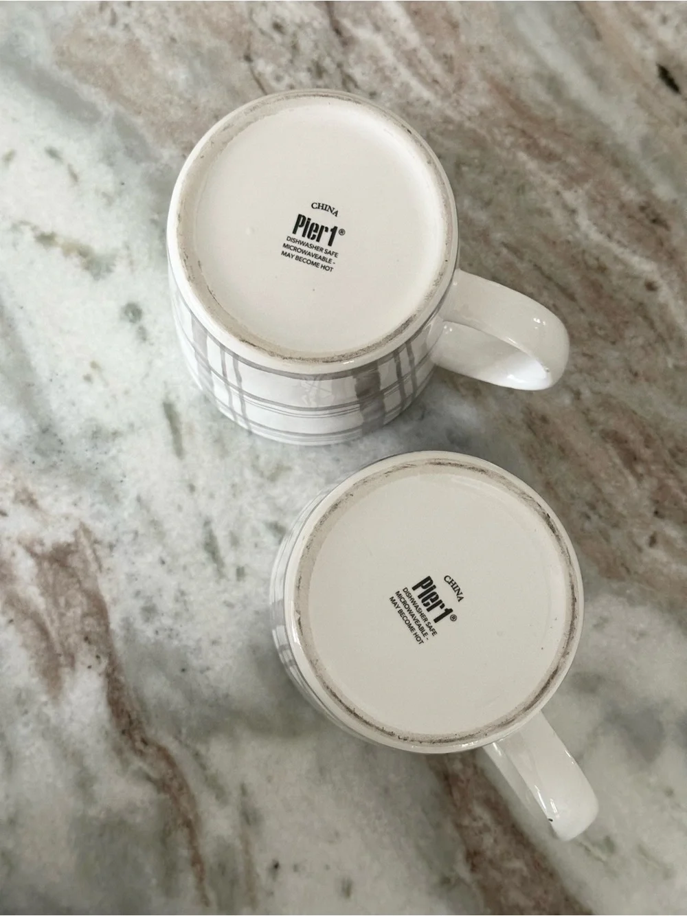Set of 2 Fall Grey & White Plaid Pier 1 China Mugs